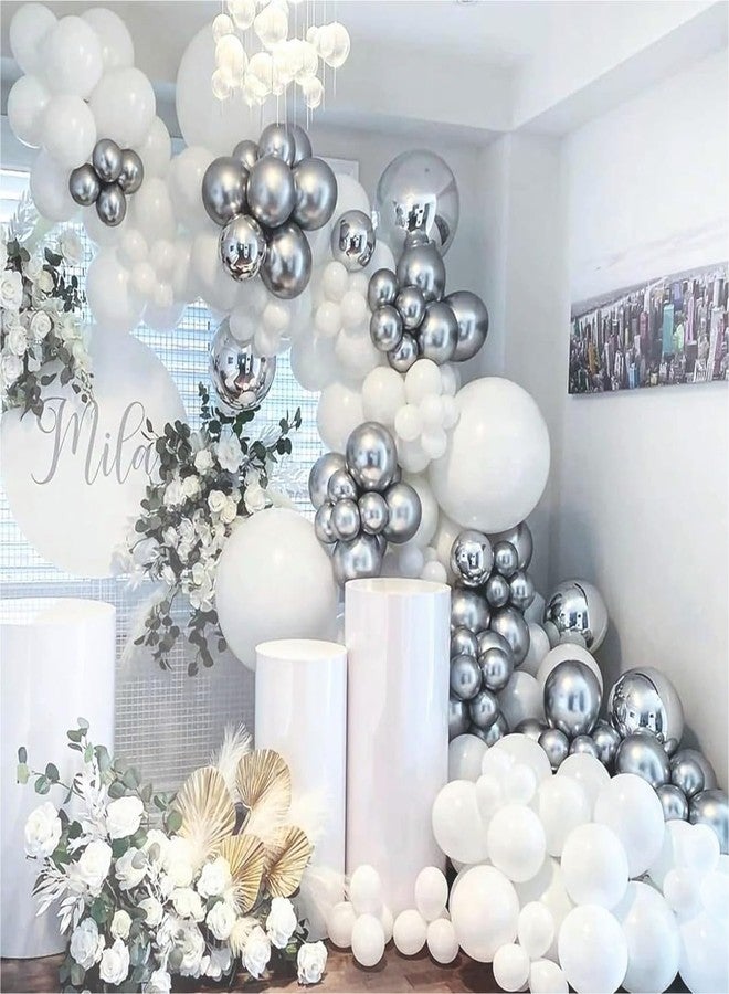 YOURS DECOR مجموعة بالونات حفلات أعياد الميلاد من يورز ديكور، فضية وبيضاء مع بالونات قصاصات ورقية، عبوة من 52 بالونًا، مناسبة للاحتفال بالذكرى السنوية، وحفلات الزفاف، وحفلات استقبال المولود، وتزيين الحفلات والمناسبات الخاصة. - Image 5